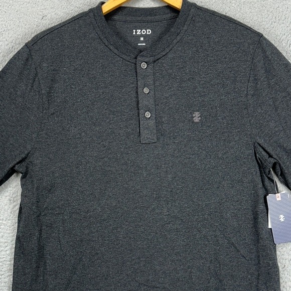 Izod Adult Mens‎ Jersey Henley Shirt Medium Black Heather Long Sleeve Tee NEW
